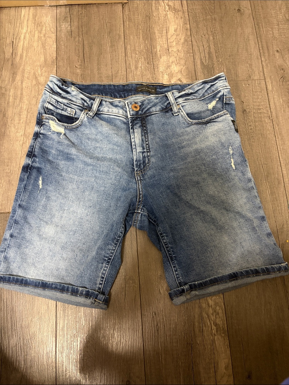 Silver Jeans Faded Blue Distressed Rolled-Hem Denim Shorts